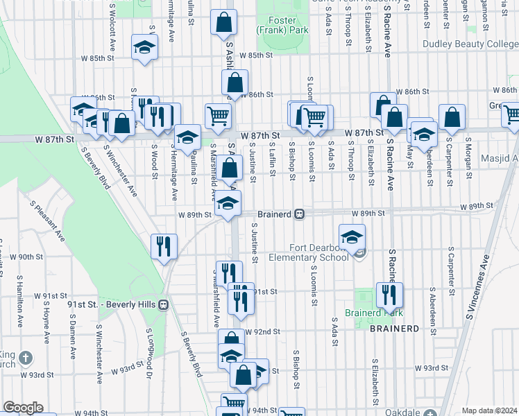 map of restaurants, bars, coffee shops, grocery stores, and more near 8831 South Justine Street in Chicago