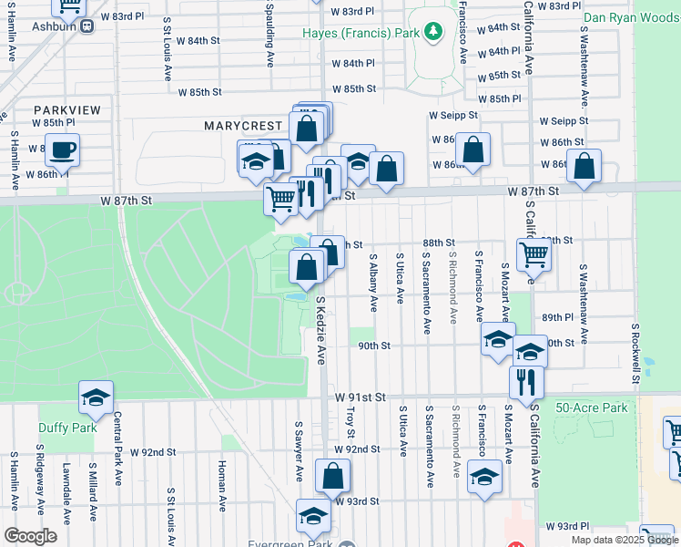 map of restaurants, bars, coffee shops, grocery stores, and more near in Evergreen Park