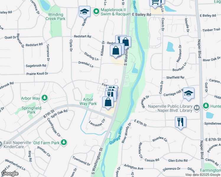 map of restaurants, bars, coffee shops, grocery stores, and more near 35 Foxcroft Road in Naperville