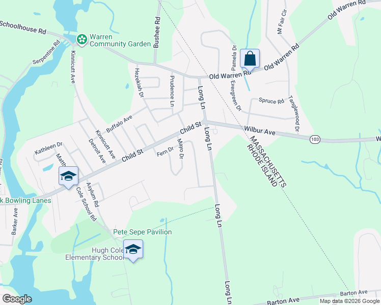 map of restaurants, bars, coffee shops, grocery stores, and more near 6 Mayo Drive in Warren