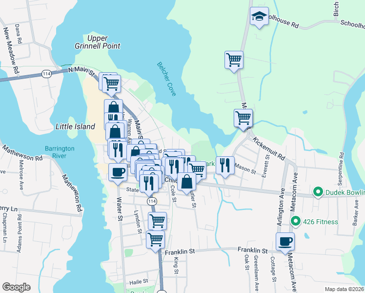 map of restaurants, bars, coffee shops, grocery stores, and more near 23 Martin Street in Warren