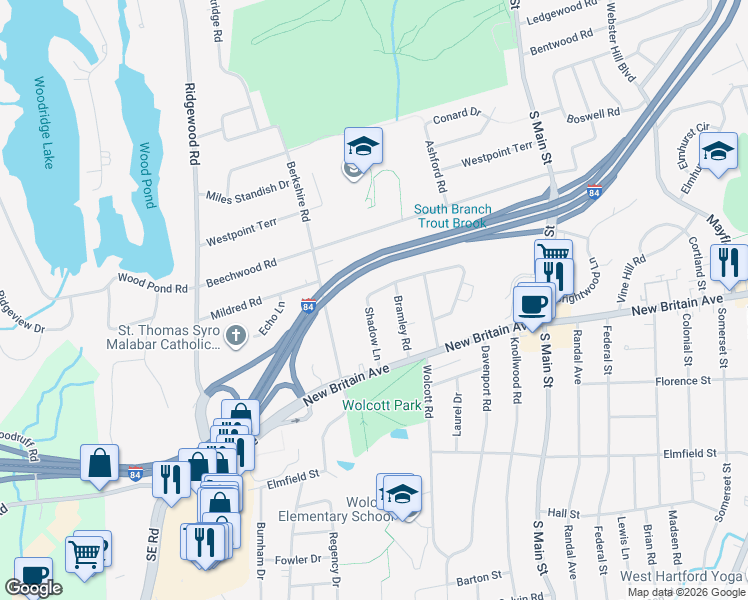 map of restaurants, bars, coffee shops, grocery stores, and more near 49 Shadow Lane in West Hartford