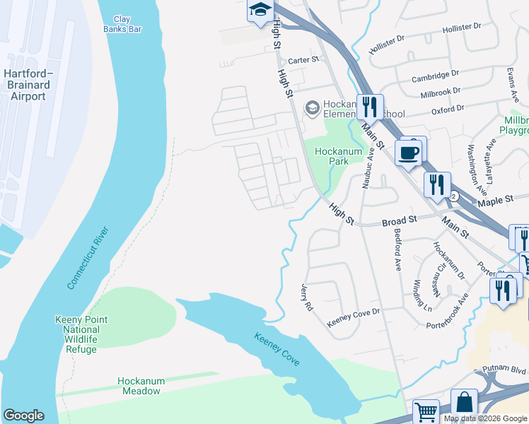 map of restaurants, bars, coffee shops, grocery stores, and more near 35 Rivermead Boulevard in East Hartford
