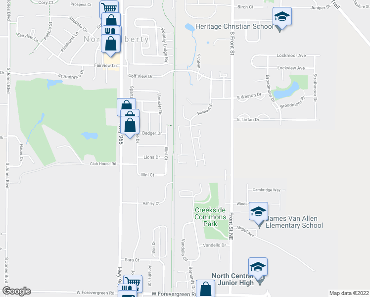map of restaurants, bars, coffee shops, grocery stores, and more near 960 Twilight Drive in North Liberty