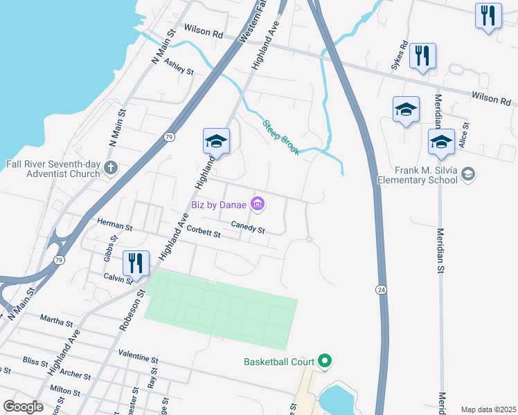 map of restaurants, bars, coffee shops, grocery stores, and more near 19 Courtney Street in Fall River