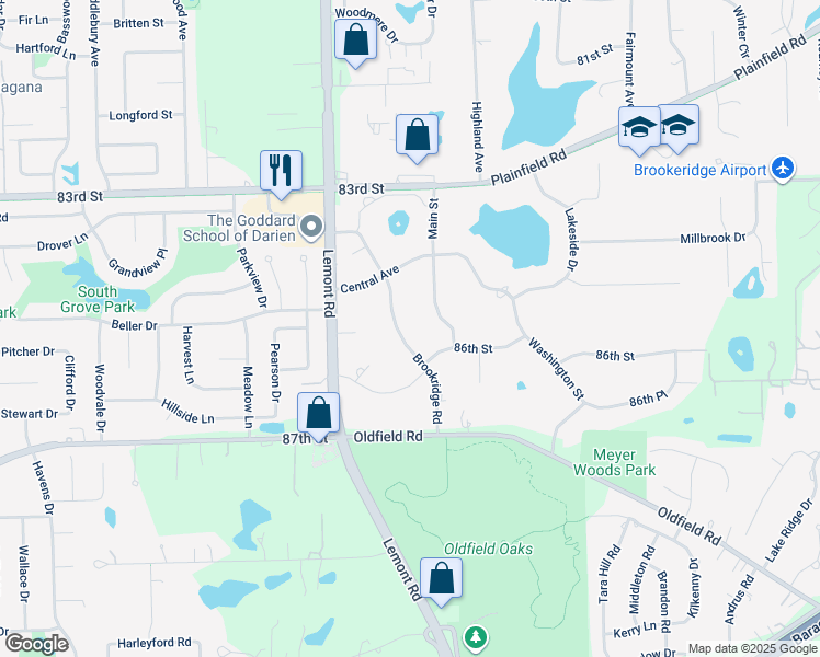 map of restaurants, bars, coffee shops, grocery stores, and more near 8501 Brookridge Road in Downers Grove