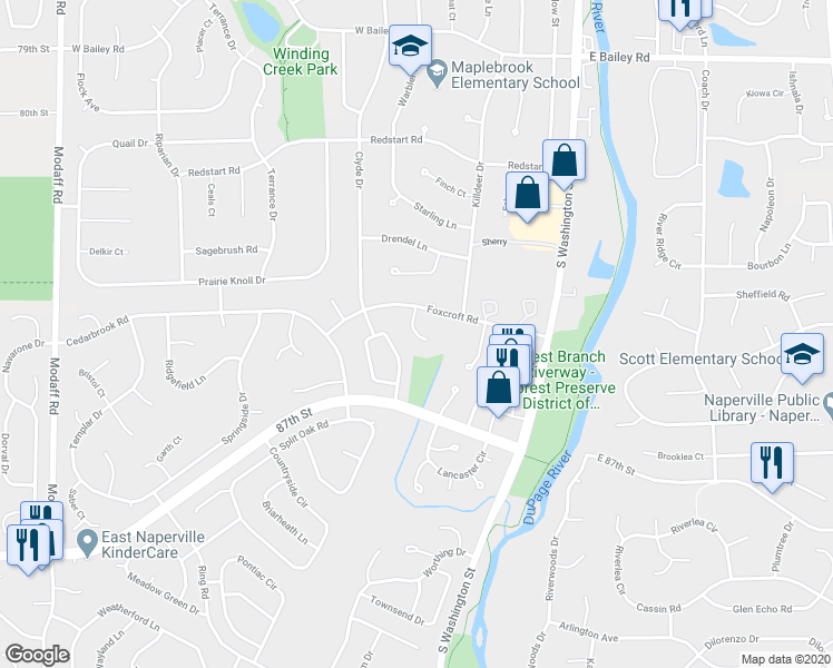 map of restaurants, bars, coffee shops, grocery stores, and more near 1918 Sandgate Court in Naperville