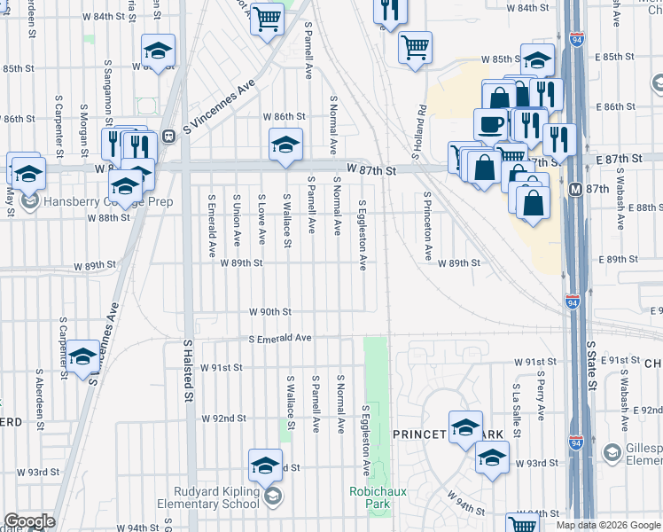 map of restaurants, bars, coffee shops, grocery stores, and more near 8847 South Normal Avenue in Chicago