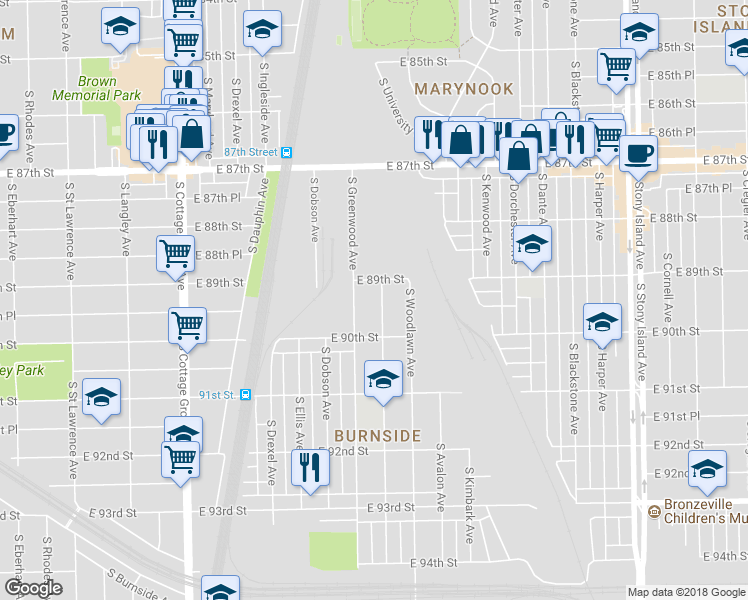 map of restaurants, bars, coffee shops, grocery stores, and more near 8918 South University Avenue in Chicago