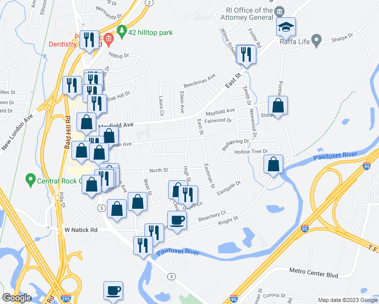 map of restaurants, bars, coffee shops, grocery stores, and more near 30 Hardy Street in Cranston