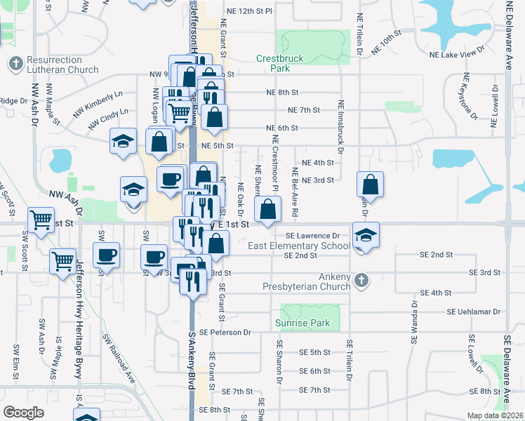 map of restaurants, bars, coffee shops, grocery stores, and more near 202 Northeast Crestmoor Place in Ankeny
