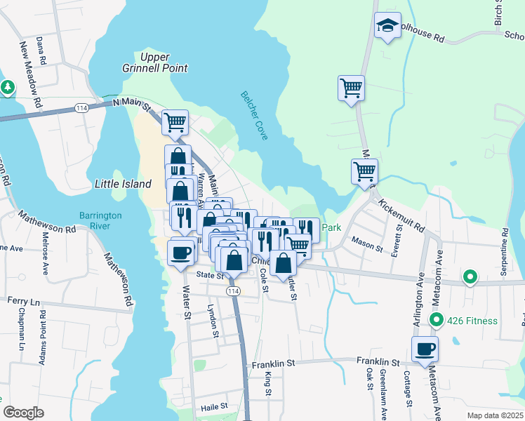 map of restaurants, bars, coffee shops, grocery stores, and more near 23 Martin Street in Warren