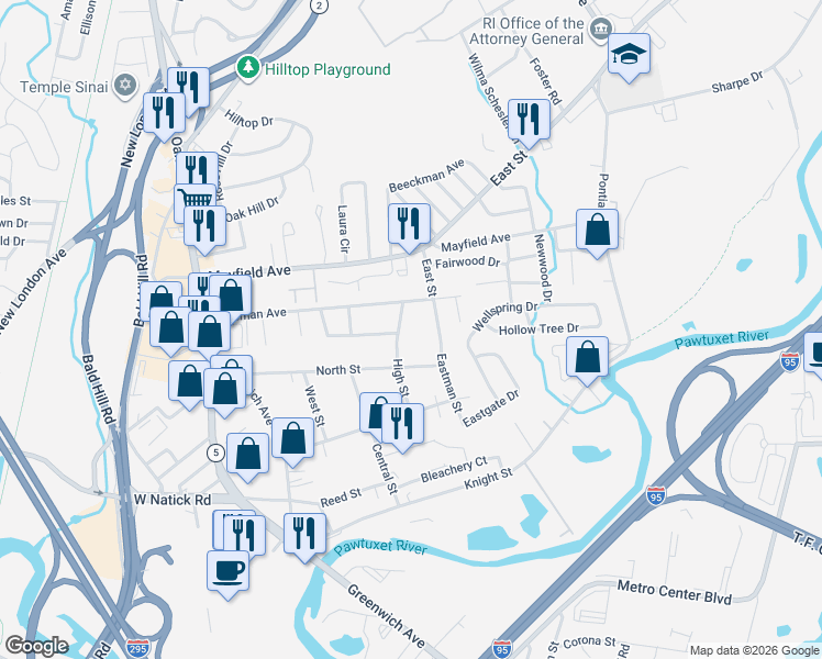 map of restaurants, bars, coffee shops, grocery stores, and more near 50 Bateman Avenue in Cranston