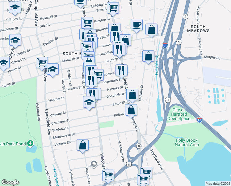 map of restaurants, bars, coffee shops, grocery stores, and more near 36 Hanmer Street in Hartford