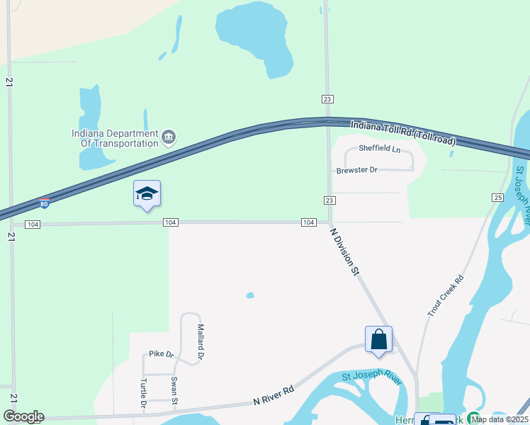 map of restaurants, bars, coffee shops, grocery stores, and more near 18717 County Road 104 in Bristol