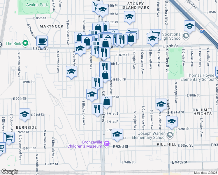 map of restaurants, bars, coffee shops, grocery stores, and more near 8913 South Cornell Avenue in Chicago