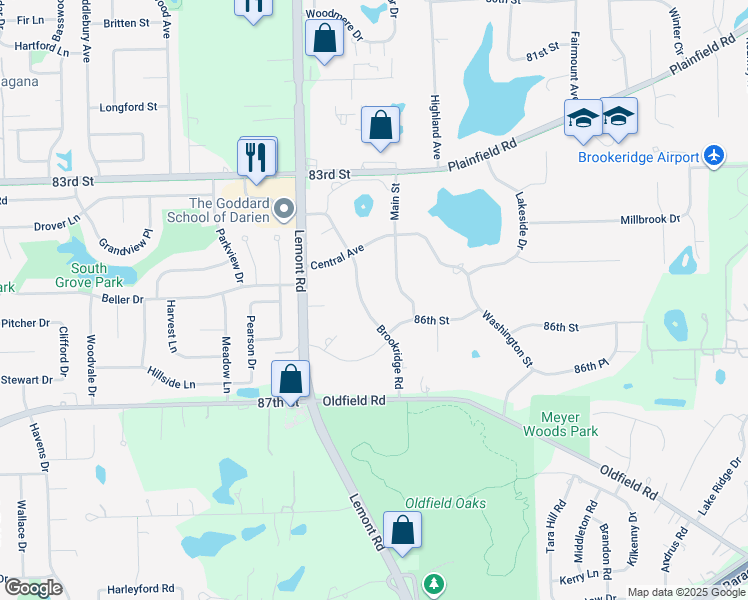 map of restaurants, bars, coffee shops, grocery stores, and more near 8501 Brookridge Road in Downers Grove