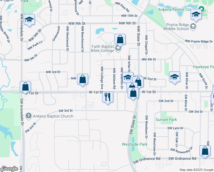 map of restaurants, bars, coffee shops, grocery stores, and more near 201 Northwest College Avenue in Ankeny