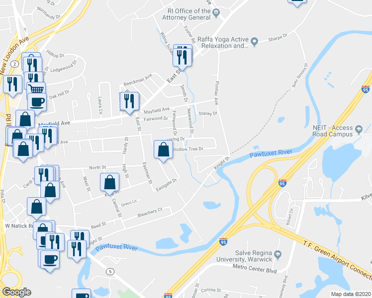 map of restaurants, bars, coffee shops, grocery stores, and more near 66 Hollow Tree Drive in Cranston