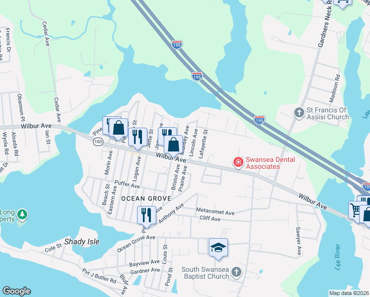 map of restaurants, bars, coffee shops, grocery stores, and more near 54 Macomber Avenue in Swansea