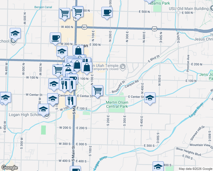 map of restaurants, bars, coffee shops, grocery stores, and more near 71 North 200 West in Logan