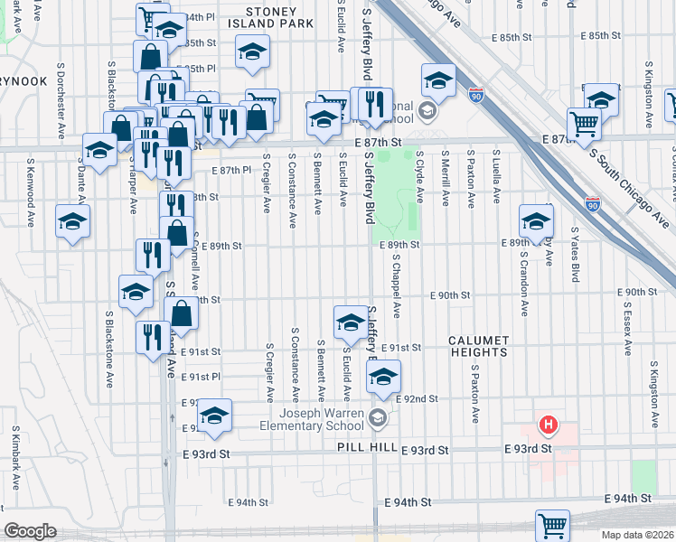 map of restaurants, bars, coffee shops, grocery stores, and more near 8913 South Bennett Avenue in Chicago