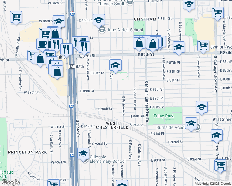 map of restaurants, bars, coffee shops, grocery stores, and more near 228 East 89th Street in Chicago