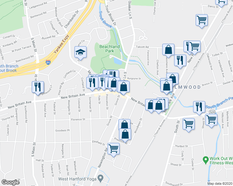 map of restaurants, bars, coffee shops, grocery stores, and more near 1131C New Britain Avenue in West Hartford