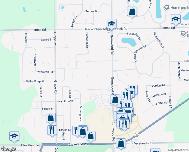 map of restaurants, bars, coffee shops, grocery stores, and more near 16159 Darden Road in Granger