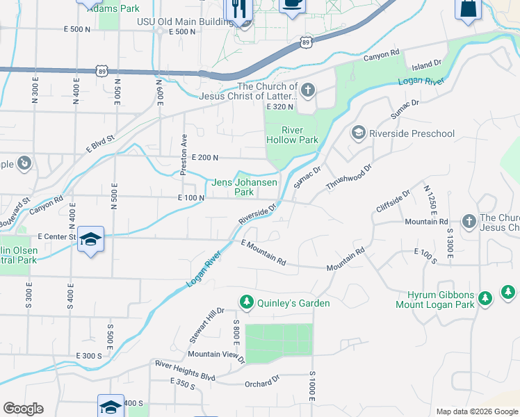 map of restaurants, bars, coffee shops, grocery stores, and more near 108 North 875 East in Logan