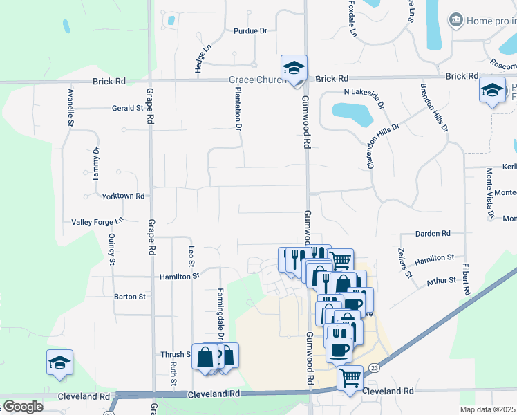 map of restaurants, bars, coffee shops, grocery stores, and more near 16159 Darden Road in Granger