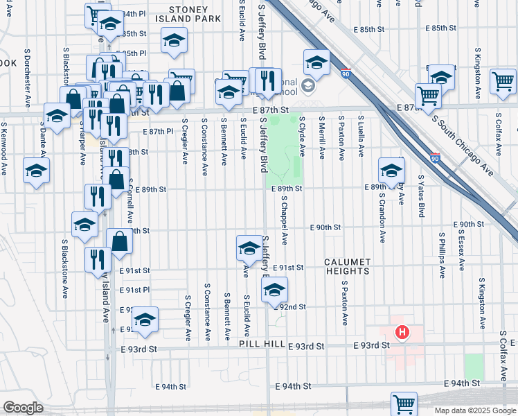 map of restaurants, bars, coffee shops, grocery stores, and more near 8926 South Jeffery Avenue in Chicago