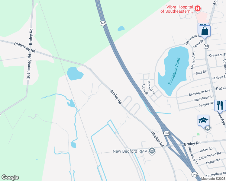 map of restaurants, bars, coffee shops, grocery stores, and more near 1573 Braley Road in New Bedford