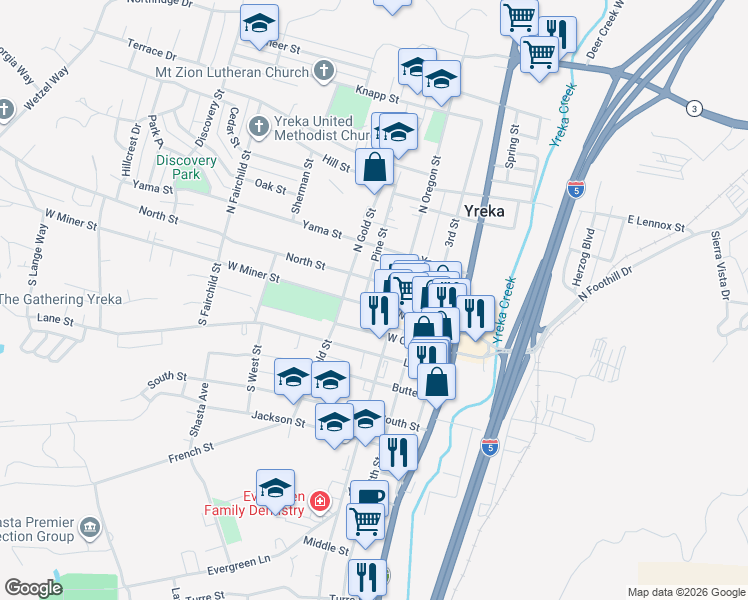 map of restaurants, bars, coffee shops, grocery stores, and more near 407 North Street in Yreka