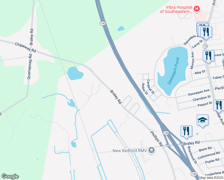 map of restaurants, bars, coffee shops, grocery stores, and more near 1475 Braley Road in New Bedford