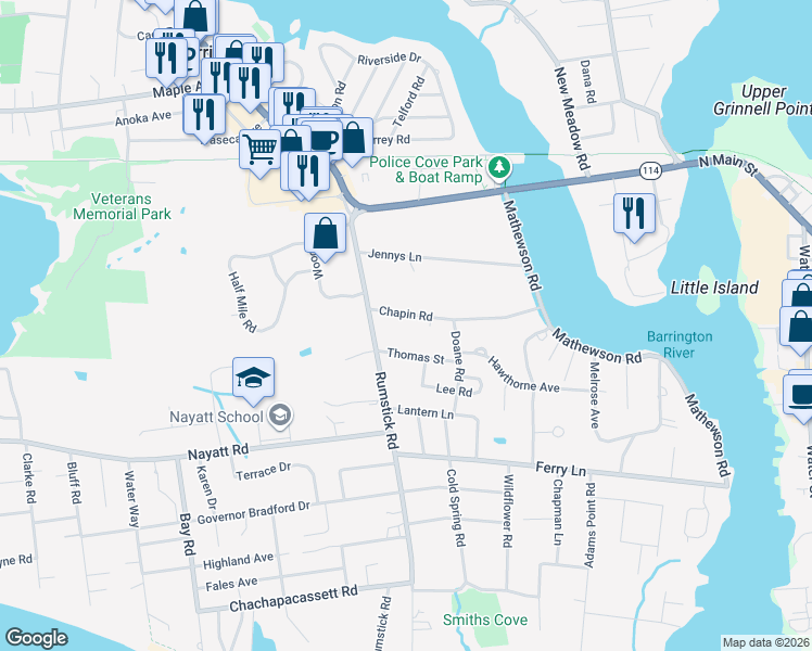 map of restaurants, bars, coffee shops, grocery stores, and more near 16 Chapin Road in Barrington