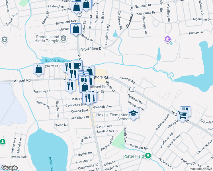 map of restaurants, bars, coffee shops, grocery stores, and more near 59 West Shore Road in Warwick