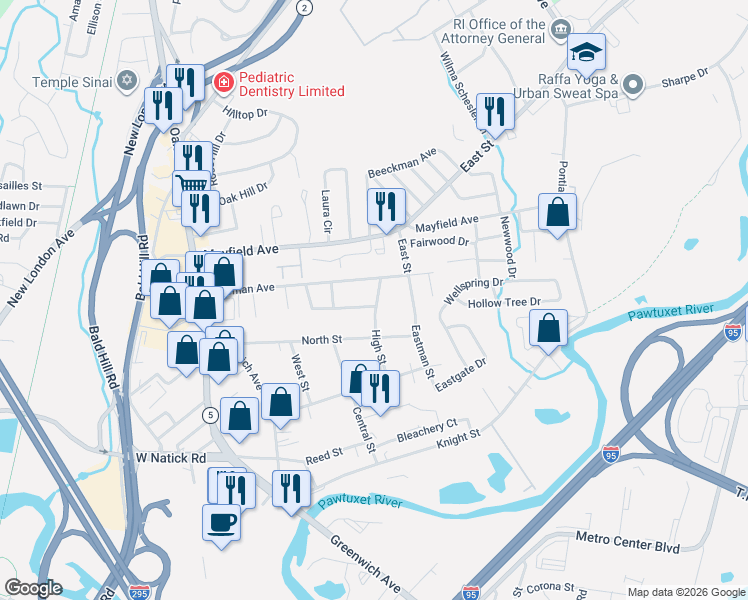map of restaurants, bars, coffee shops, grocery stores, and more near 50 Bateman Avenue in Cranston