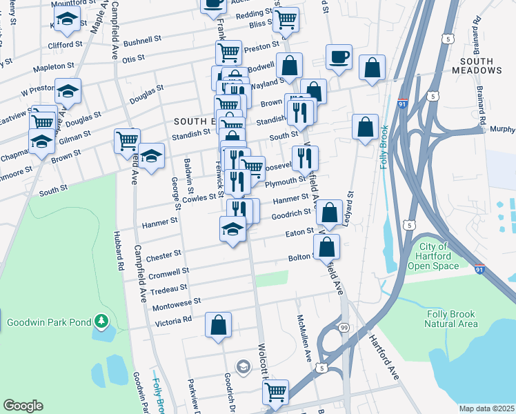 map of restaurants, bars, coffee shops, grocery stores, and more near 72 Hanmer Street in Hartford