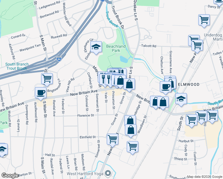 map of restaurants, bars, coffee shops, grocery stores, and more near in Hartford
