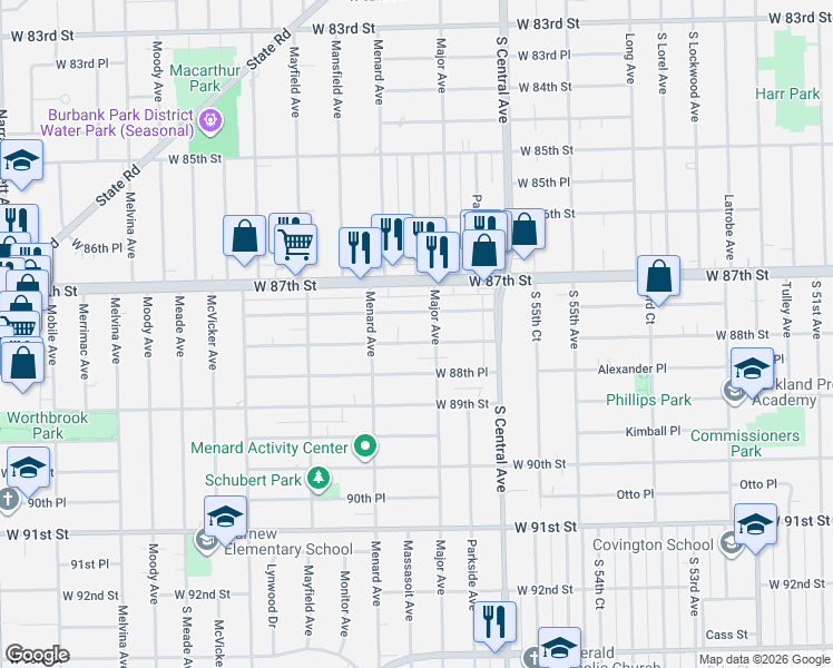 map of restaurants, bars, coffee shops, grocery stores, and more near 5701 West 87th Place in Oak Lawn