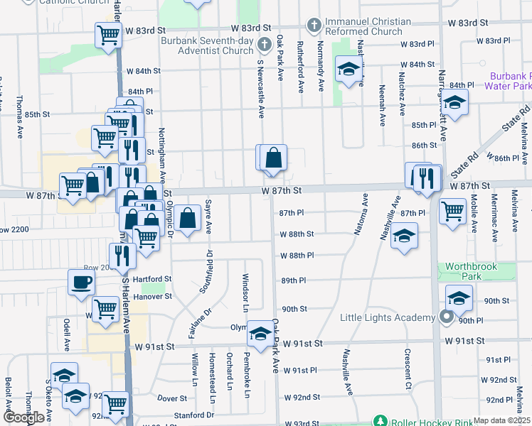map of restaurants, bars, coffee shops, grocery stores, and more near 8708 Oak Park Avenue in Oak Lawn