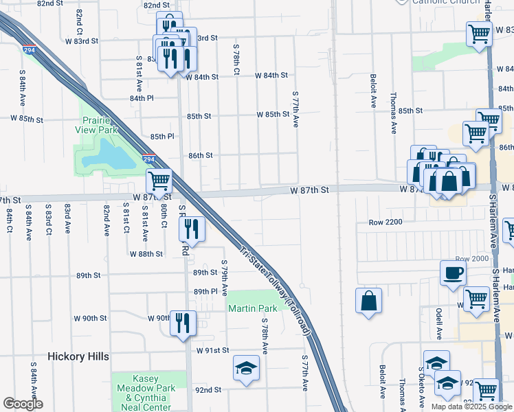 map of restaurants, bars, coffee shops, grocery stores, and more near 7829 West 87th Street in Bridgeview