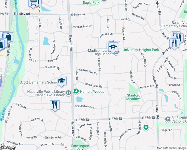 map of restaurants, bars, coffee shops, grocery stores, and more near 816 Canyon Run Road in Naperville