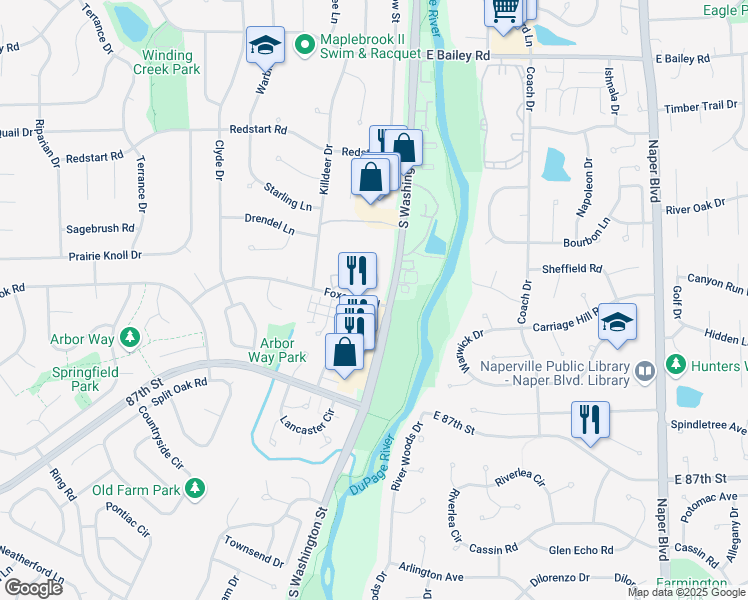 map of restaurants, bars, coffee shops, grocery stores, and more near 15 Foxcroft Road in Naperville