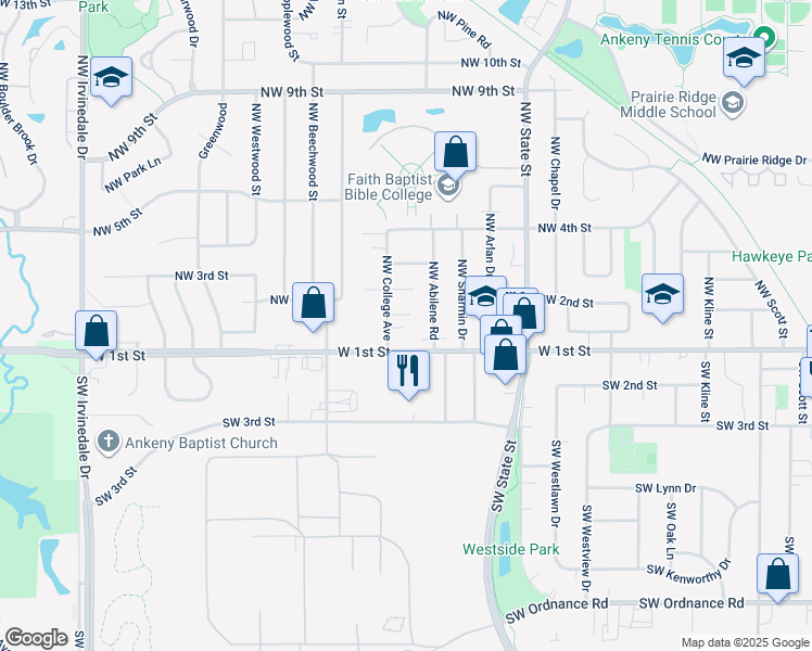 map of restaurants, bars, coffee shops, grocery stores, and more near 201 Northwest College Avenue in Ankeny