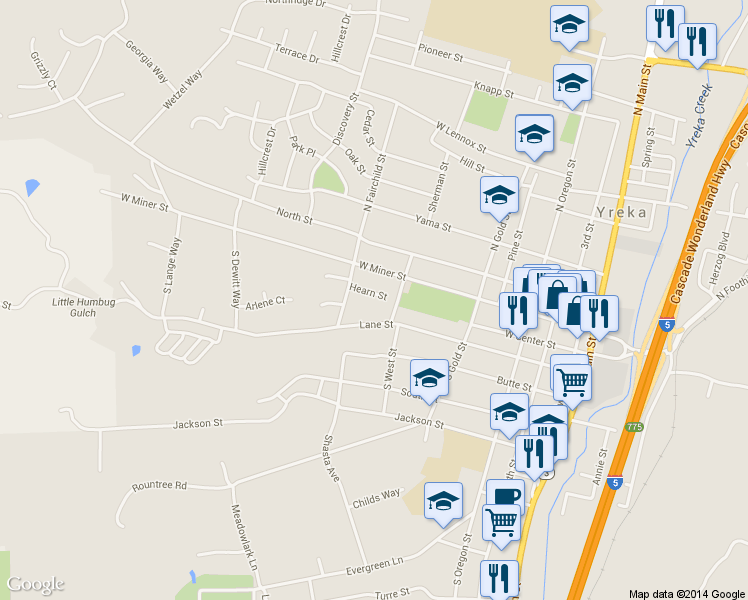 map of restaurants, bars, coffee shops, grocery stores, and more near 725 Hearn Street in Yreka