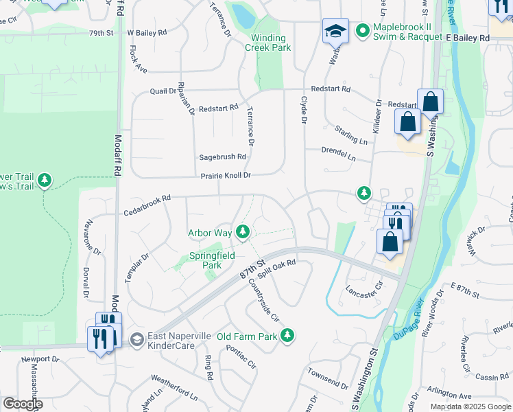 map of restaurants, bars, coffee shops, grocery stores, and more near 204 Cedarbrook Road in Naperville