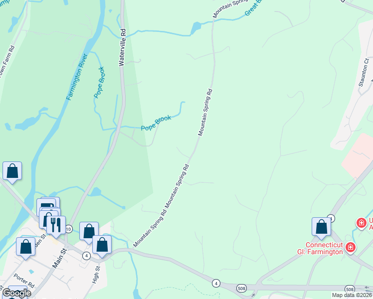 map of restaurants, bars, coffee shops, grocery stores, and more near 67 Mountain Spring Road in Farmington