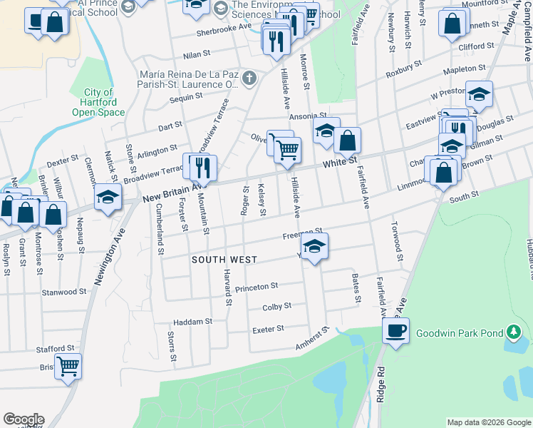 map of restaurants, bars, coffee shops, grocery stores, and more near 33 Kelsey Street in Hartford